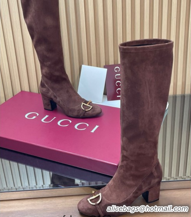 Good Product Gucci Leather Heel High Boots 6.5cm with Half Horsebit 851420 Dark Brown 2026