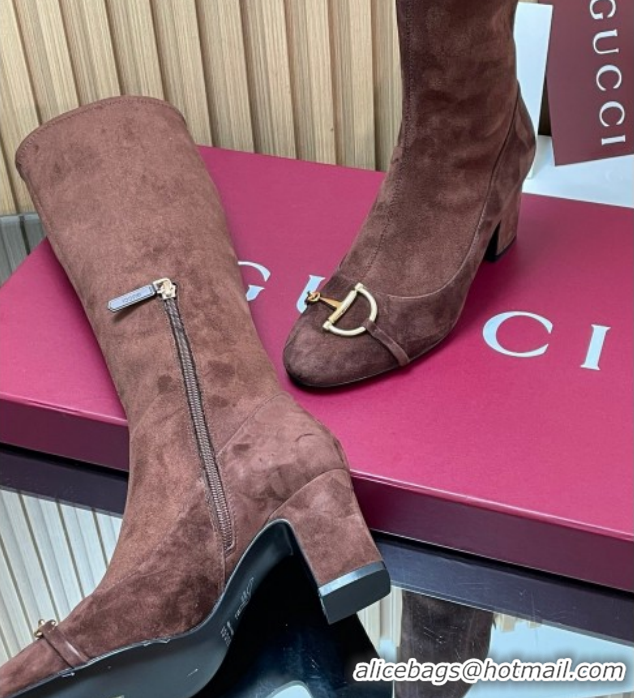 Good Product Gucci Leather Heel High Boots 6.5cm with Half Horsebit 851420 Dark Brown 2026