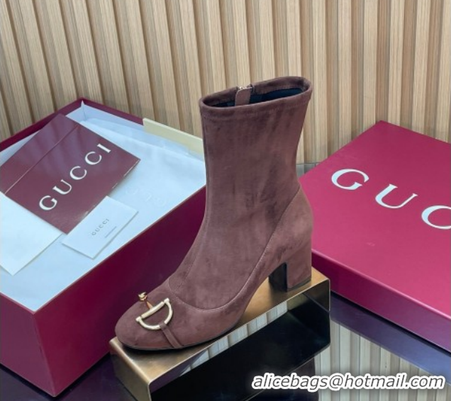 Charming Gucci Suede Heel Ankle Boots 6.5cm with Half Horsebit 849549 Chocolate Brown 2026
