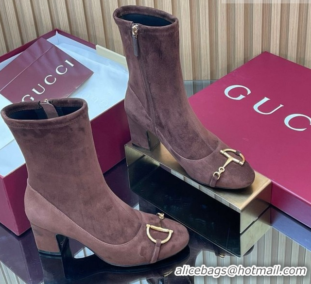 Charming Gucci Suede Heel Ankle Boots 6.5cm with Half Horsebit 849549 Chocolate Brown 2026
