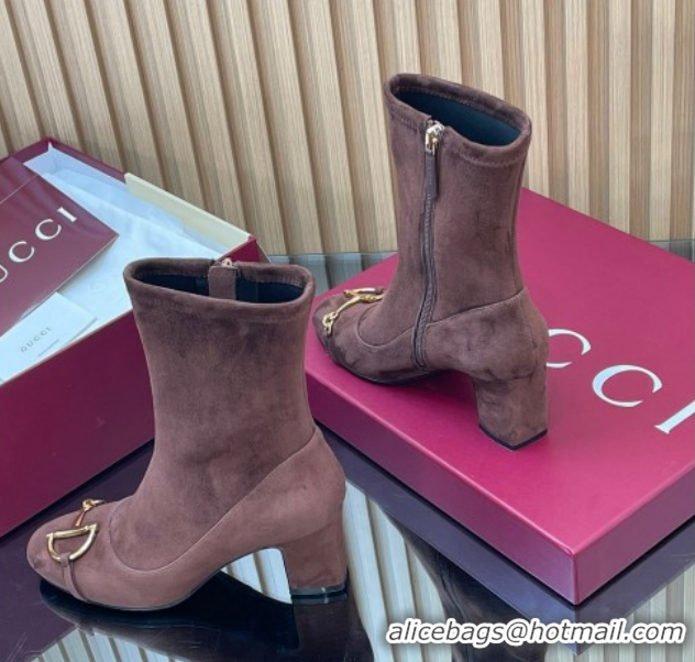 Charming Gucci Suede Heel Ankle Boots 6.5cm with Half Horsebit 849549 Chocolate Brown 2026
