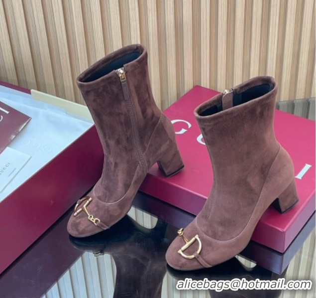 Charming Gucci Suede Heel Ankle Boots 6.5cm with Half Horsebit 849549 Chocolate Brown 2026