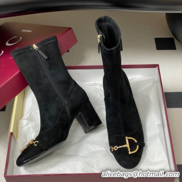 Stylish Gucci Suede Heel Ankle Boots 6.5cm with Half Horsebit 849549 Black 2026