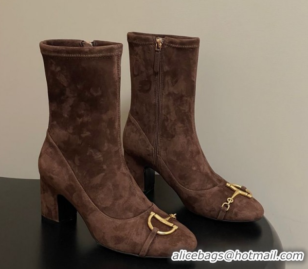 Low Cost Gucci Suede Heel Ankle Boots 6.5cm with Half Horsebit 849549 Dark Brown 2026