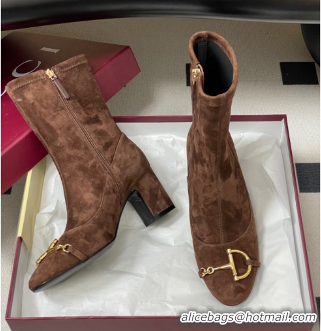 Low Cost Gucci Suede Heel Ankle Boots 6.5cm with Half Horsebit 849549 Dark Brown 2026