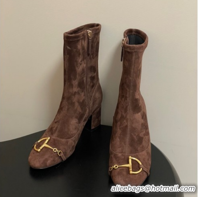 Low Cost Gucci Suede Heel Ankle Boots 6.5cm with Half Horsebit 849549 Dark Brown 2026