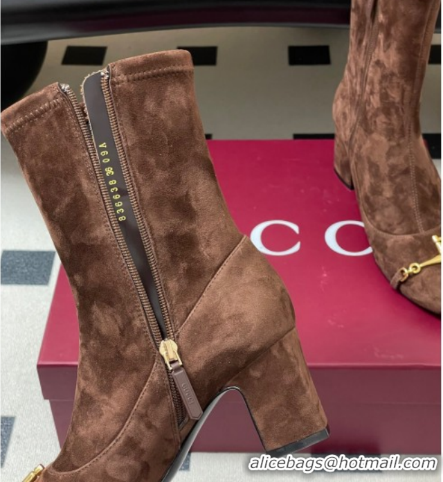 Low Cost Gucci Suede Heel Ankle Boots 6.5cm with Half Horsebit 849549 Dark Brown 2026