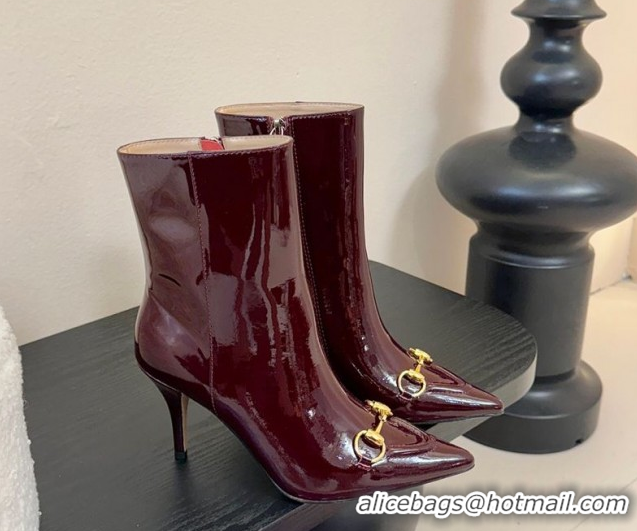 Top Grade Gucci Patent Leather Heel Ankle Boots 9.5cm with Horsebit 835741 Dark Burgundy 2026
