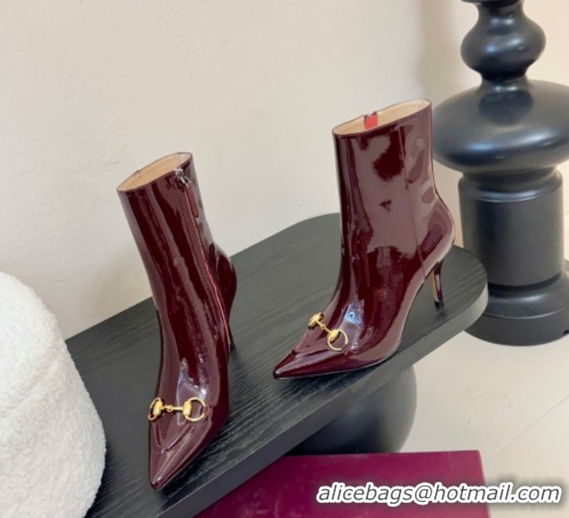 Top Grade Gucci Patent Leather Heel Ankle Boots 9.5cm with Horsebit 835741 Dark Burgundy 2026