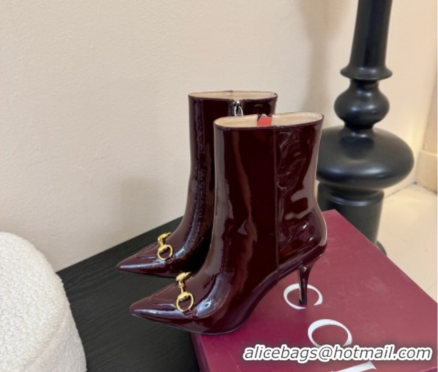 Top Grade Gucci Patent Leather Heel Ankle Boots 9.5cm with Horsebit 835741 Dark Burgundy 2026