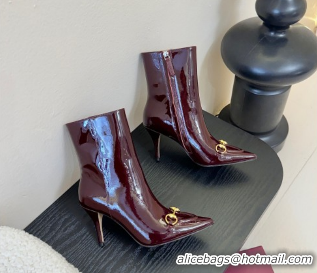 Top Grade Gucci Patent Leather Heel Ankle Boots 9.5cm with Horsebit 835741 Dark Burgundy 2026