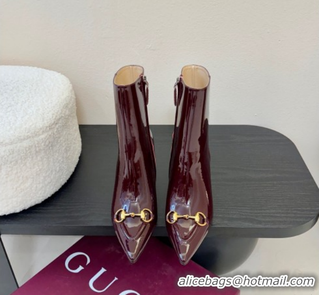 Top Grade Gucci Patent Leather Heel Ankle Boots 9.5cm with Horsebit 835741 Dark Burgundy 2026