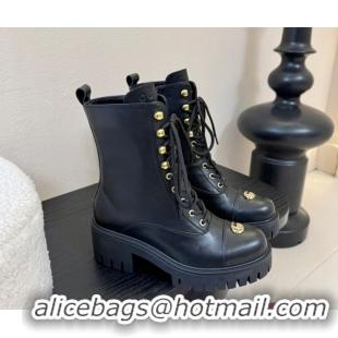 Pretty Style Gucci Calf Leather Lace-up Ankle Boots 6cm with GG Charm 836050 Black 2026