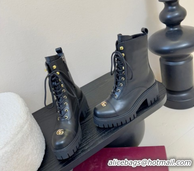 Pretty Style Gucci Calf Leather Lace-up Ankle Boots 6cm with GG Charm 836050 Black 2026