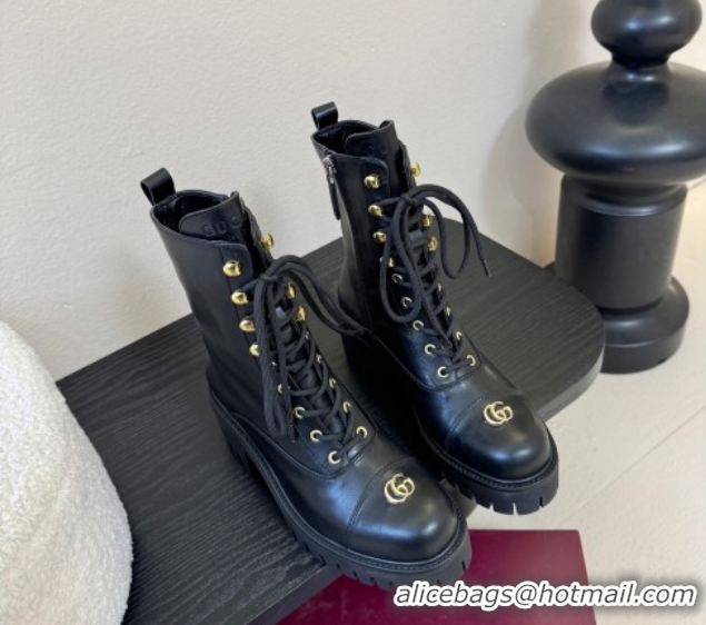 Pretty Style Gucci Calf Leather Lace-up Ankle Boots 6cm with GG Charm 836050 Black 2026