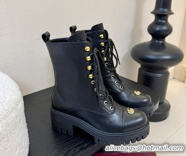 Pretty Style Gucci Calf Leather Lace-up Ankle Boots 6cm with GG Charm 836050 Black 2026
