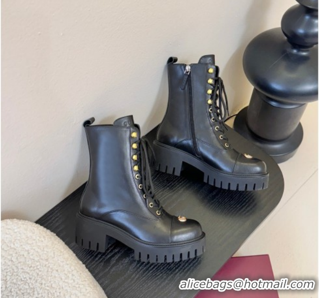 Pretty Style Gucci Calf Leather Lace-up Ankle Boots 6cm with GG Charm 836050 Black 2026