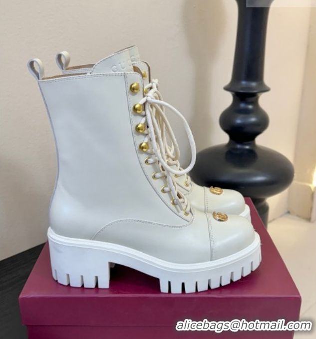 Good Looking Gucci Calf Leather Lace-up Ankle Boots 6cm with GG Charm 836050 White 2026