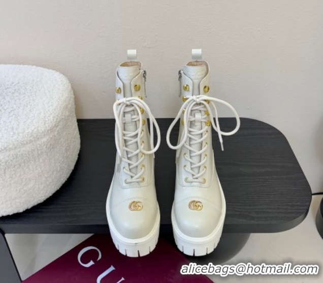 Good Looking Gucci Calf Leather Lace-up Ankle Boots 6cm with GG Charm 836050 White 2026