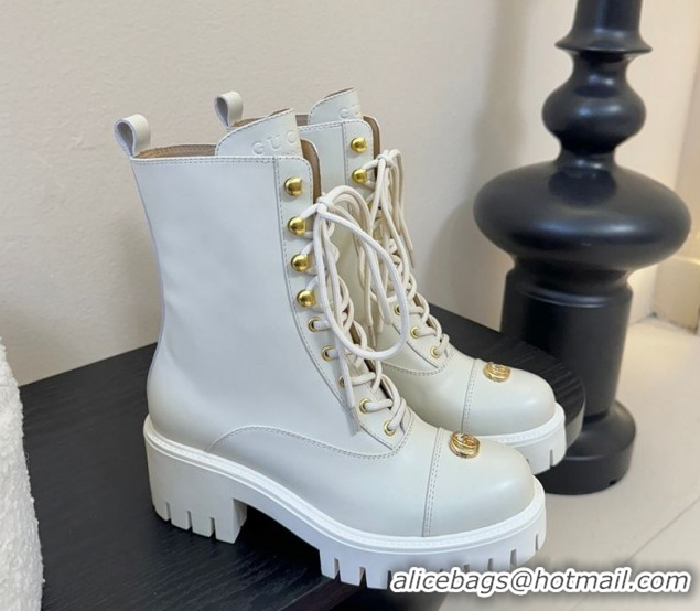 Good Looking Gucci Calf Leather Lace-up Ankle Boots 6cm with GG Charm 836050 White 2026