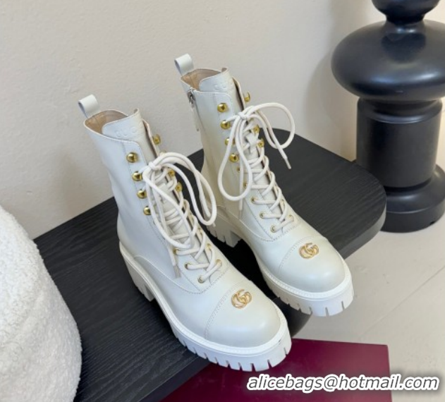 Good Looking Gucci Calf Leather Lace-up Ankle Boots 6cm with GG Charm 836050 White 2026