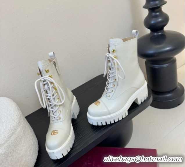 Good Looking Gucci Calf Leather Lace-up Ankle Boots 6cm with GG Charm 836050 White 2026