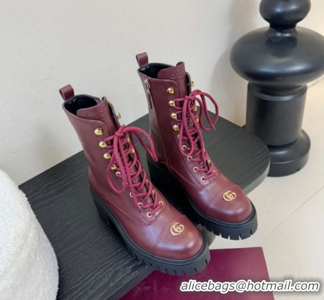 Durable Gucci Calf Leather Lace-up Ankle Boots 6cm with GG Charm 836050 Red 2026