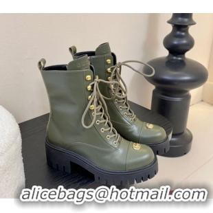 Luxurious Gucci Calf Leather Lace-up Ankle Boots 6cm with GG Charm 836050 Green 2026