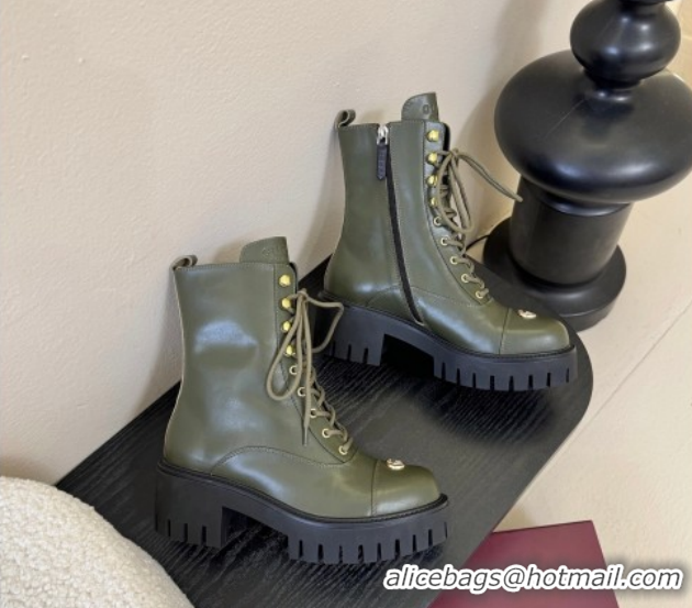 Luxurious Gucci Calf Leather Lace-up Ankle Boots 6cm with GG Charm 836050 Green 2026
