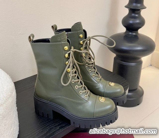 Luxurious Gucci Calf Leather Lace-up Ankle Boots 6cm with GG Charm 836050 Green 2026