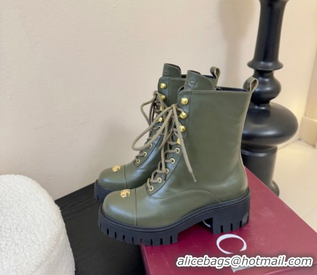 Luxurious Gucci Calf Leather Lace-up Ankle Boots 6cm with GG Charm 836050 Green 2026