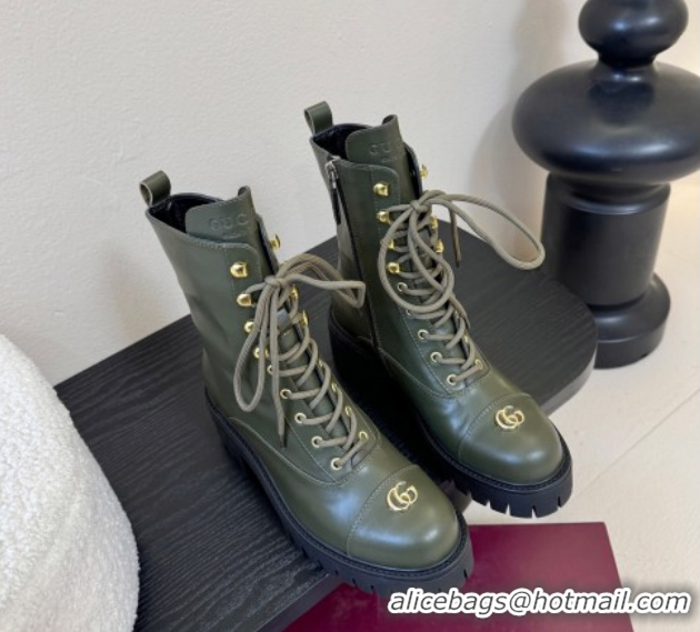 Luxurious Gucci Calf Leather Lace-up Ankle Boots 6cm with GG Charm 836050 Green 2026