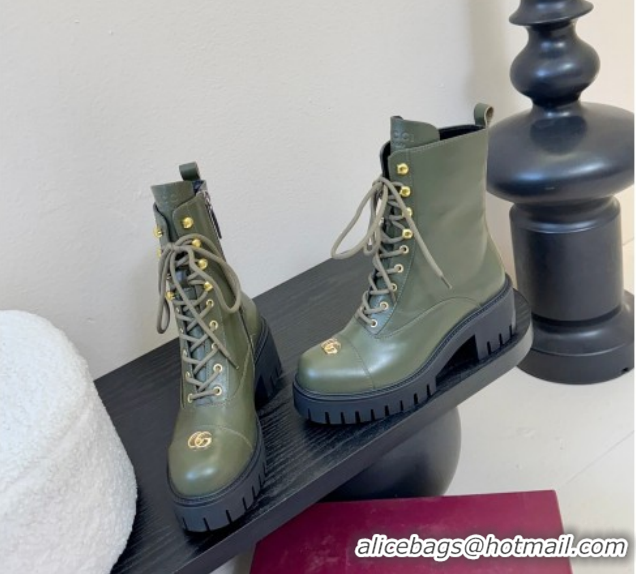 Luxurious Gucci Calf Leather Lace-up Ankle Boots 6cm with GG Charm 836050 Green 2026