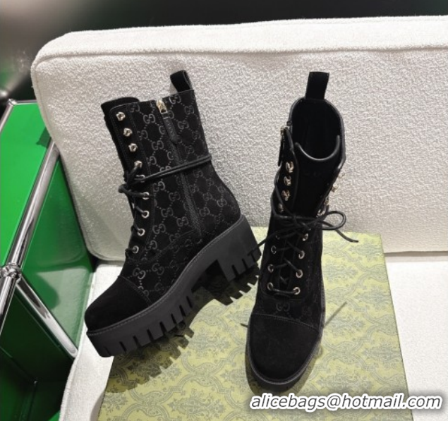 Most Popular Gucci GG Suede Lace-up Platform Ankle Boots 6cm Black 840739 2026