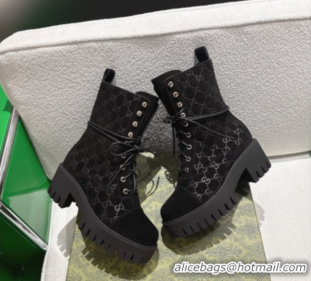 Most Popular Gucci GG Suede Lace-up Platform Ankle Boots 6cm Black 840739 2026