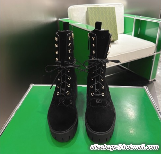 Most Popular Gucci GG Suede Lace-up Platform Ankle Boots 6cm Black 840739 2026