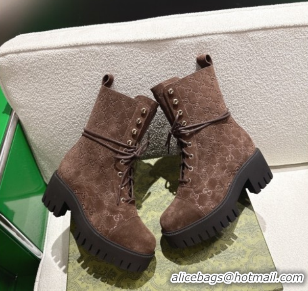 Good Quality Gucci GG Suede Lace-up Platform Ankle Boots 6cm 840739 Dark Brown 2026