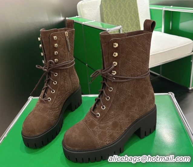 Good Quality Gucci GG Suede Lace-up Platform Ankle Boots 6cm 840739 Dark Brown 2026