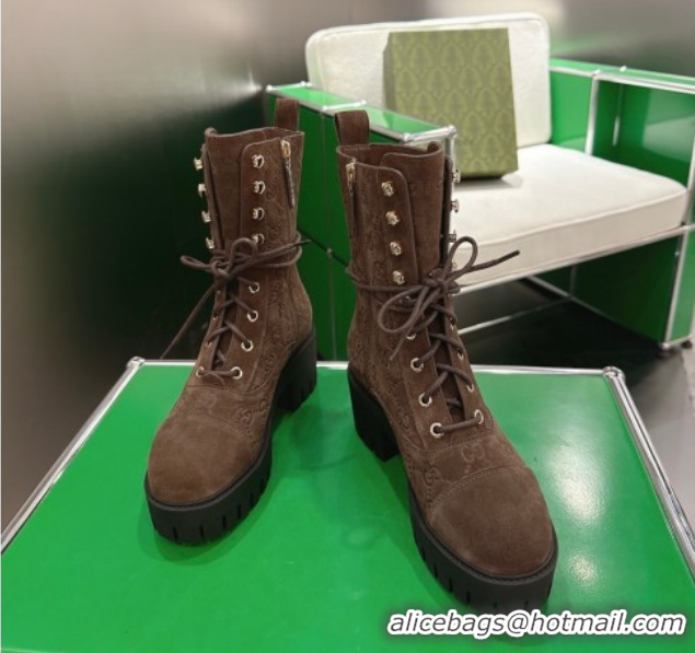 Good Quality Gucci GG Suede Lace-up Platform Ankle Boots 6cm 840739 Dark Brown 2026