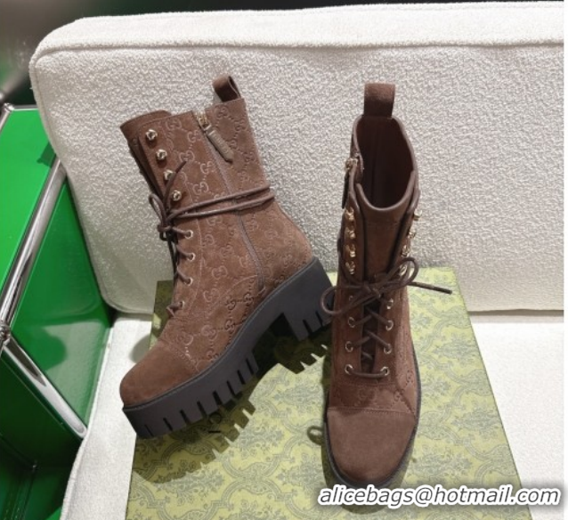 Good Quality Gucci GG Suede Lace-up Platform Ankle Boots 6cm 840739 Dark Brown 2026