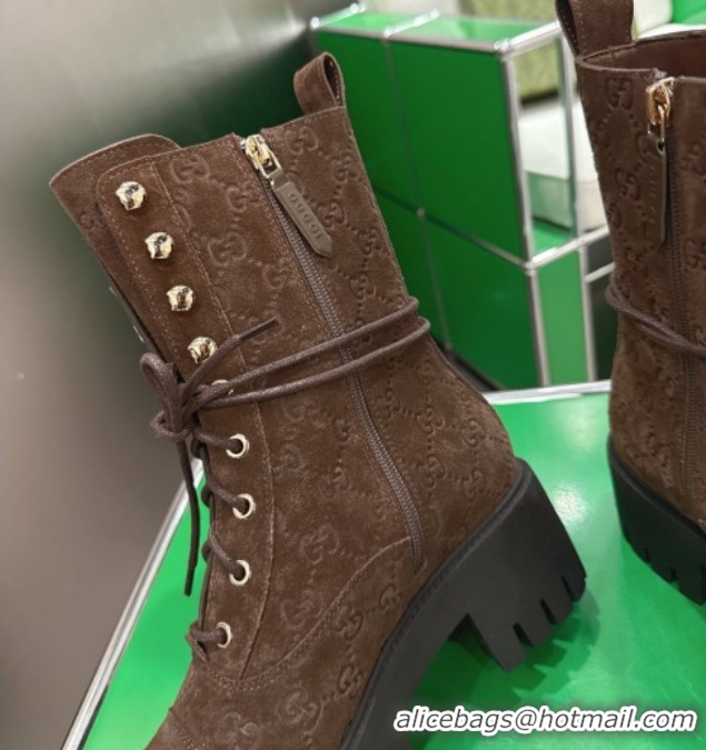 Good Quality Gucci GG Suede Lace-up Platform Ankle Boots 6cm 840739 Dark Brown 2026