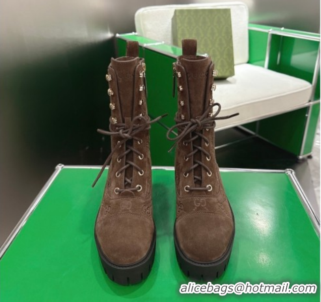 Good Quality Gucci GG Suede Lace-up Platform Ankle Boots 6cm 840739 Dark Brown 2026