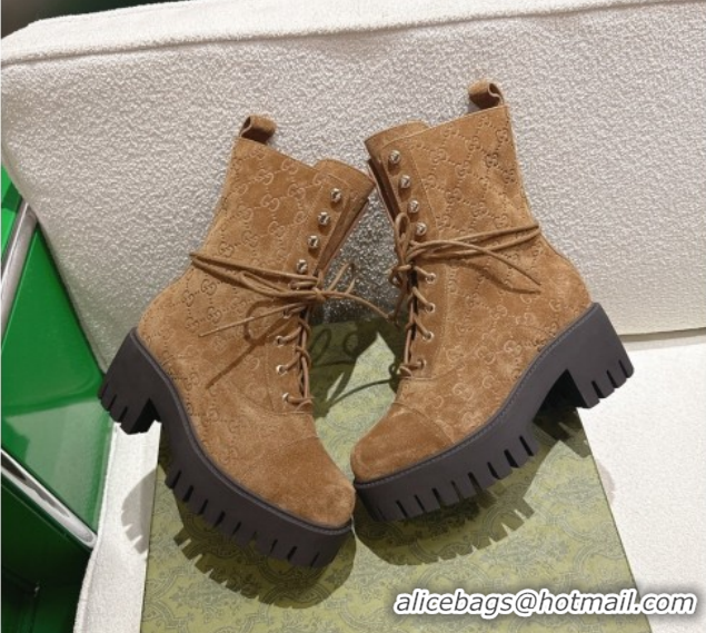 Best Product Gucci GG Suede Lace-up Platform Ankle Boots 6cm 840739 Light Brown 2026