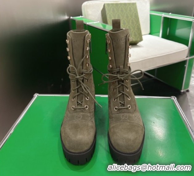 Hot Style Gucci GG Suede Lace-up Platform Ankle Boots 6cm 840739 Green 2026
