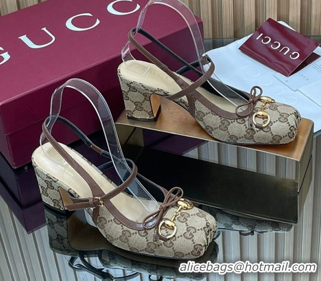 Top Grade Gucci Horsebit Slingback Pumps 6.5cm in GG Canvas 850327 Beige 2026