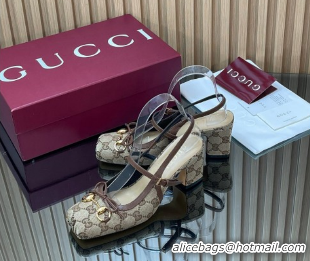 Top Grade Gucci Horsebit Slingback Pumps 6.5cm in GG Canvas 850327 Beige 2026