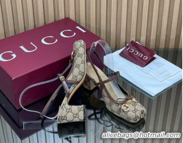 Top Grade Gucci Horsebit Slingback Pumps 6.5cm in GG Canvas 850327 Beige 2026