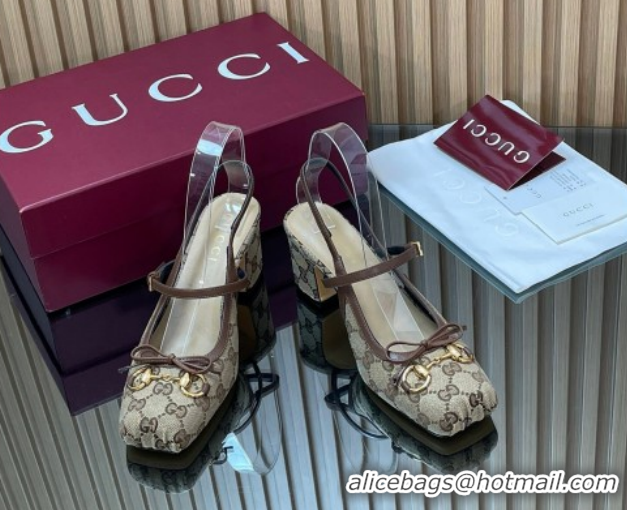 Top Grade Gucci Horsebit Slingback Pumps 6.5cm in GG Canvas 850327 Beige 2026