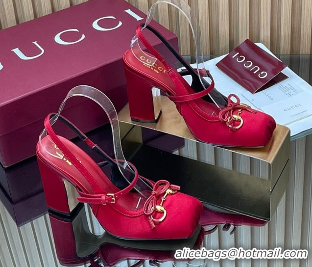 Best Grade Gucci Horsebit Slingback Pumps 9.5cm in Satin 850327 Red 2026