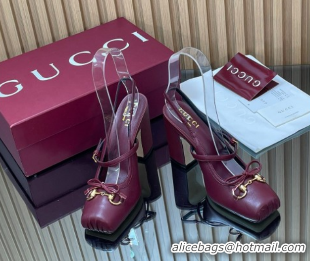 Pretty Style Gucci Horsebit Slingback Pumps 9.5cm in Calf Leather Dark Burgundy 1218032 2026